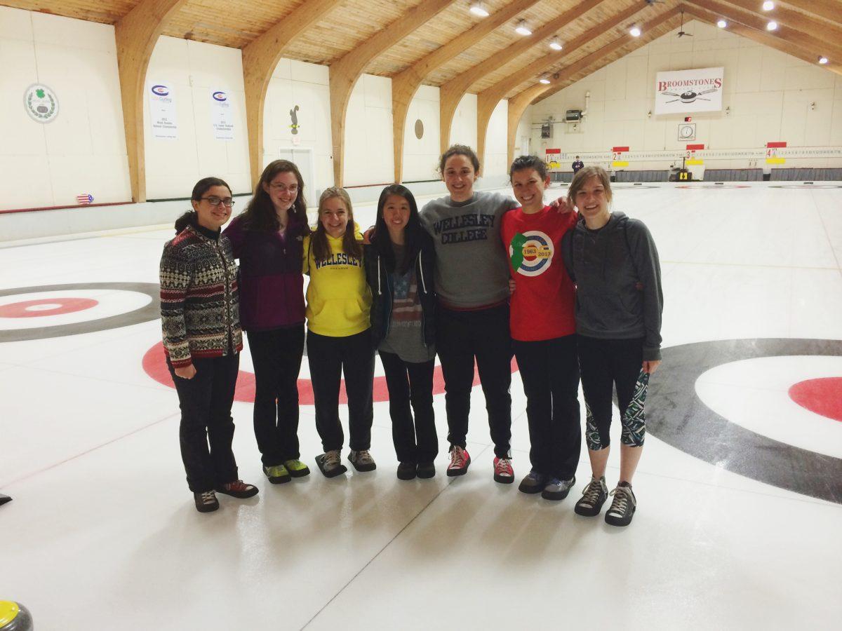 From left to right: Regular members of Wellesley’s newly formed curling club Alice Palmer ’17, Colleen Larkin ’18, Cayla Vila ’15, Vickey Ngo ’17, Emy Urban ’18, Alison Draikiwicz ’18 and Audrey Stevens ’17 practice at the Broomstones Curling Club.