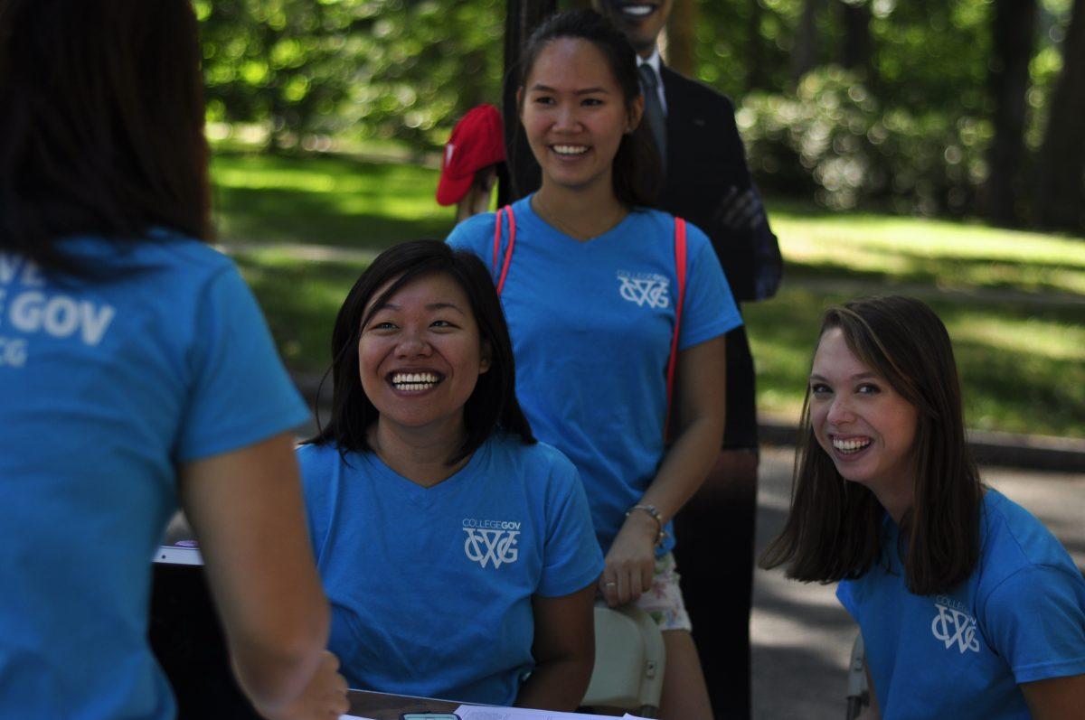 Adeline Lee ’16, Rene Chan ’16 and Meredith Ausenbaugh ’16 discuss College Government matters.