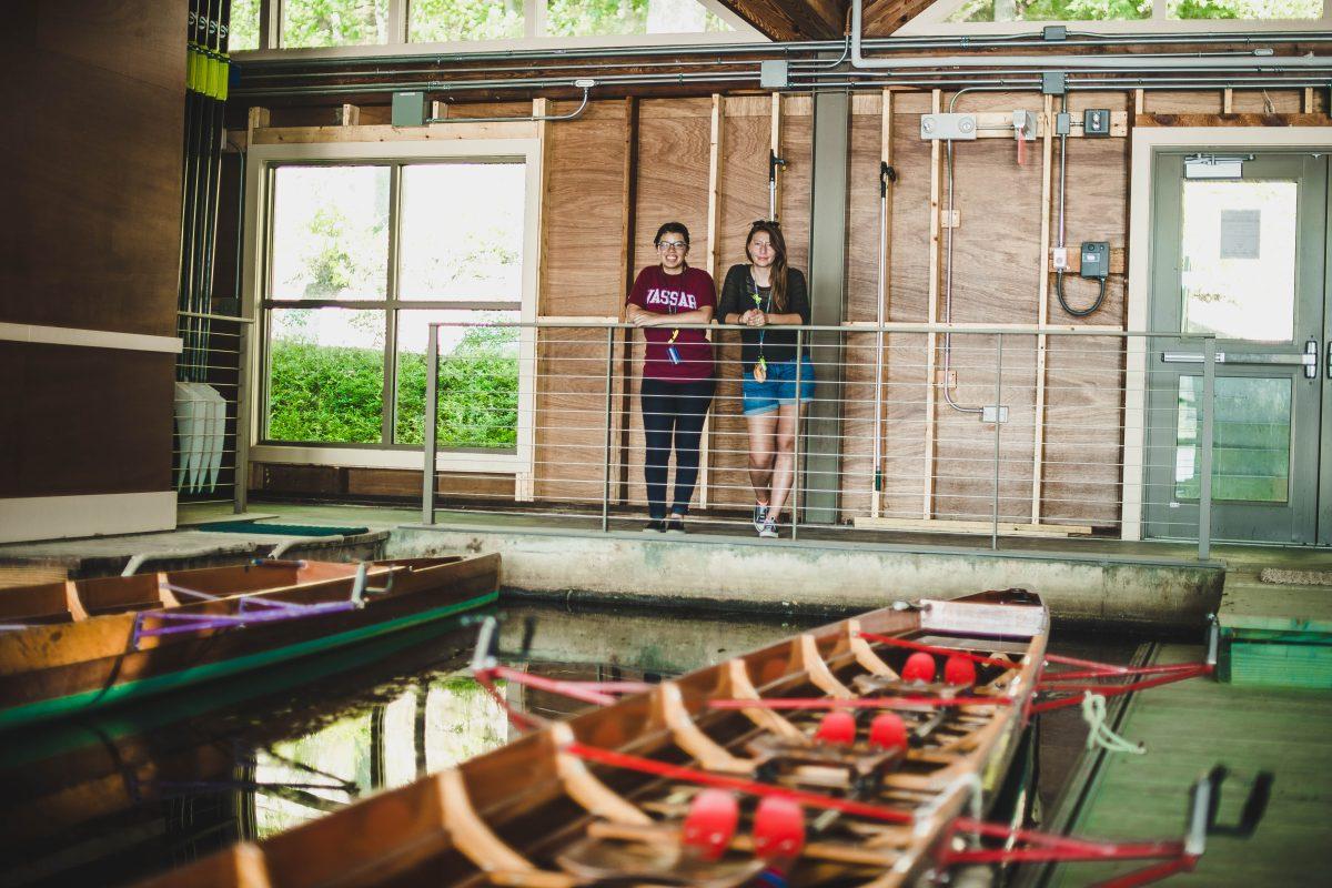 Students admire the newly renovated boathouse