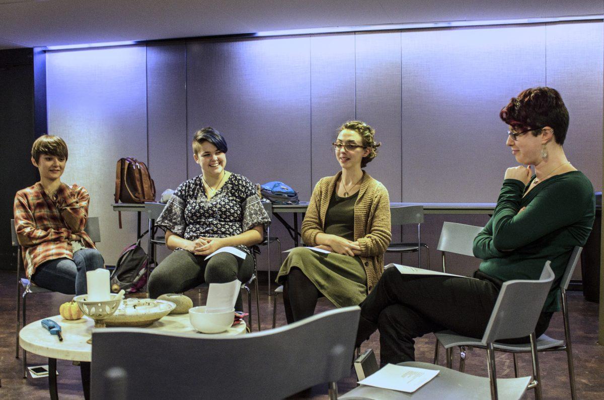 Joanna Lubkin, Unitarian Universalist Chaplain, speaks with students in the Multifaith Center.