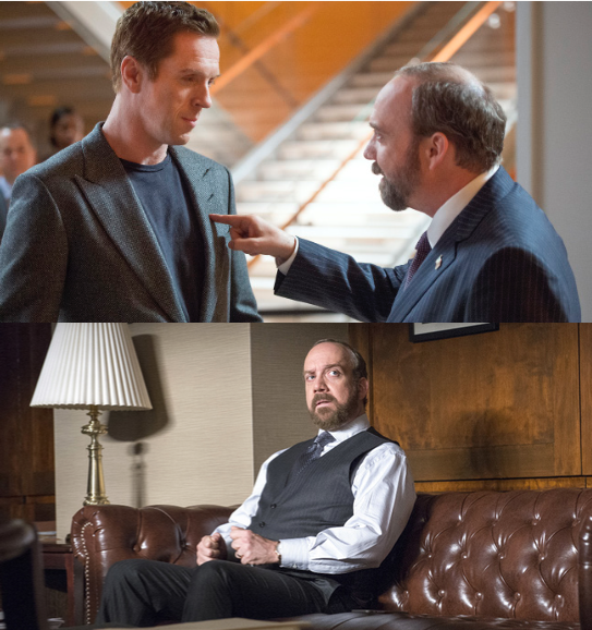 Paul Giamatti and Damian Lewis poses in character as Chuck Rhoades and Bobby Axelrod. Photo courtesy of Showtime