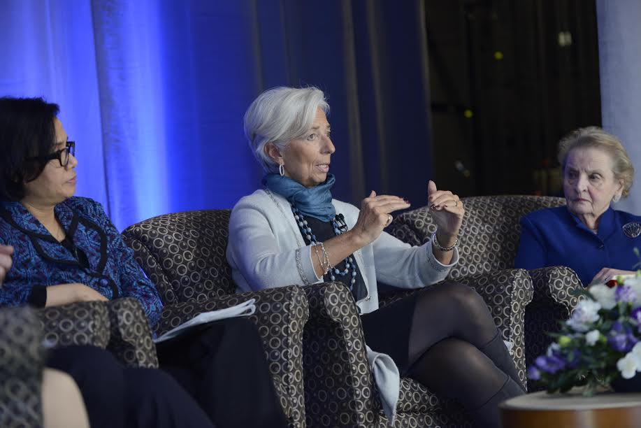 World Bank Group Managing Director Sri Mulyani Indrawati, International Monetary Fund Managing Director Christine Lagarde and Former Secretary of State Madeleine Albright ’59. Photo courtesy of Richard Howard