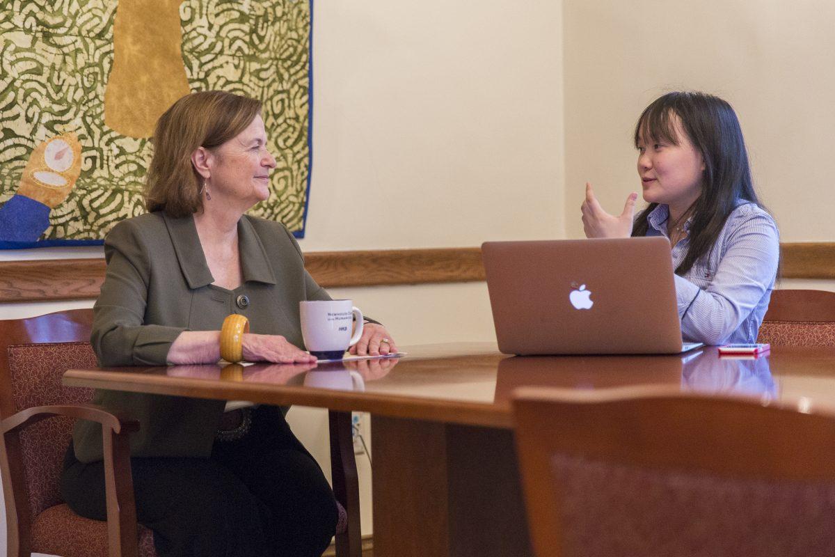 Genevieve Huang ’18 interviews President Kim Bottomly. | Courtesy of the Office of Communications and Publicity. 