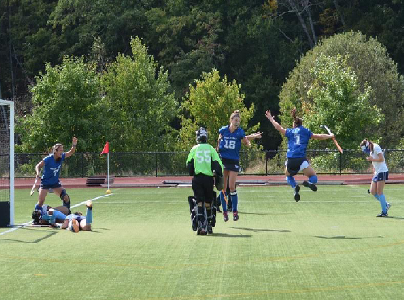 Hannah Maisano ’20 celebrates with Nikki Sharkin ’17 after scoring the game-winning goal against Mount Holyoke. Photo courtesy of Stephen Anderson