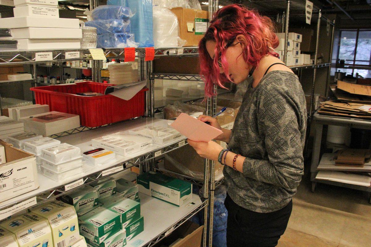 Daniela Kreimerman-Arroyo ’19 taking inventory at her work. | Photo by Lien Dao '20, Staff Photgrapher.