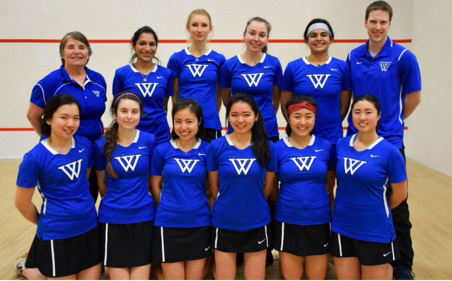 The 2016-2017 Wellesley Squash team photo. Pictured from left to right Audrey Fok
’18, Elena Ubeda ’20, Lumi Kinjo ’19, Meredith Curry ’18, Eunbie Coe ’20, Ruby Feng
’17; (top) Head Coach Wendy Berry, Rhea Advani ’17, Eva Mullarkey ’20, Haley
Connor ’18, Meera Nayar ’17, Asst Coach David Renninger | Photo courtesy of wellesleyblue.com