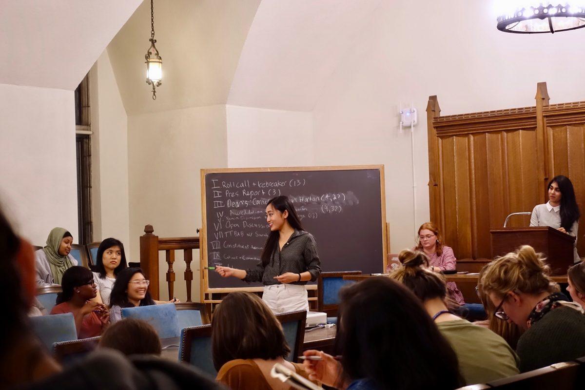 Student Bursar Natalie Jin ’18 addresses students during the first Senate meeting of the year
Photo by Vera Ye'21