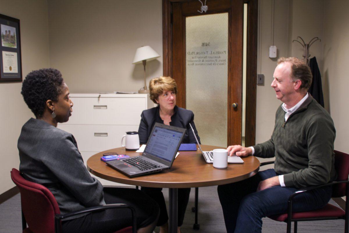 Pamela Taylor, Marianne Cooley and Bryan Burns meet to discuss reaccreditation and the upcoming processes
Photo by Stacey Kim '19, Staff Photographer