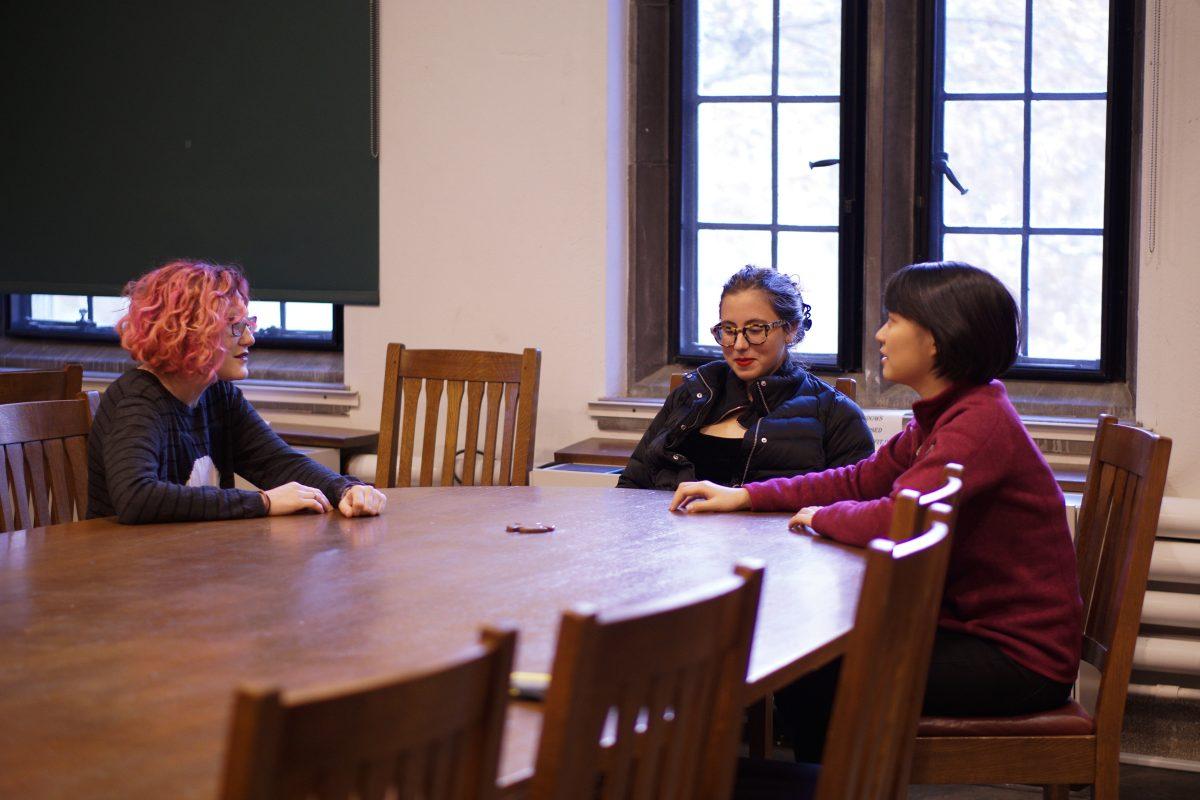 SLAP members Daniela Kreimerman Arroyo ’19, Natália Marques ’19 and Audrey Seo ’20 discuss fair student compensation for ASCs and SIs, whose stipend does not meet MA minimum wage laws
Photo courtesy of Lien Dao '20, Photo Editor