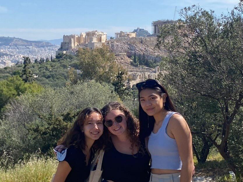 From left to right Haysie Chung ‘24, Addicen Bauer ‘24, and Kaylee Liu ‘24 pose while studying abroad in Greece. Photo courtesy of Addicen Bauer.