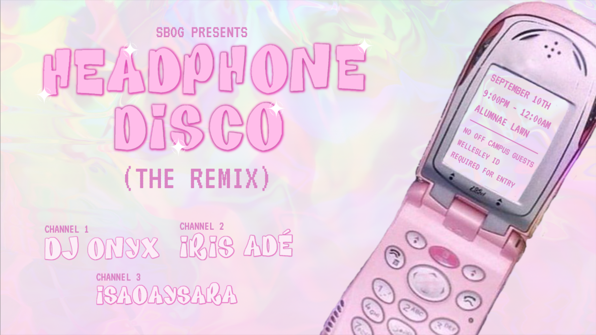 SBOG Spam Image. Baby pink tie-die background with a pink phone depicting Headphone Disco details. To the bottom right is the names of the DJs