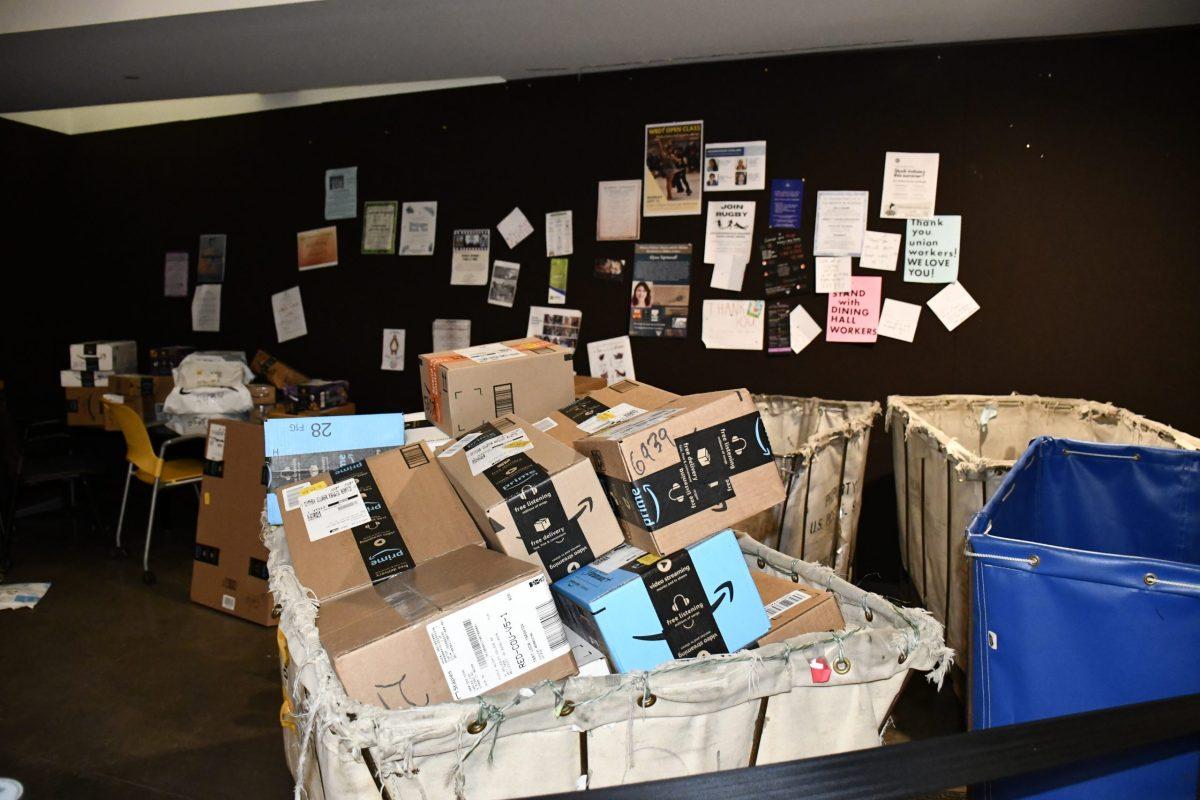 Bins of Amazon boxes sit in the front of the Lulu Chow Wang Campus Center. Photo courtesy of Hannah Hirsch.