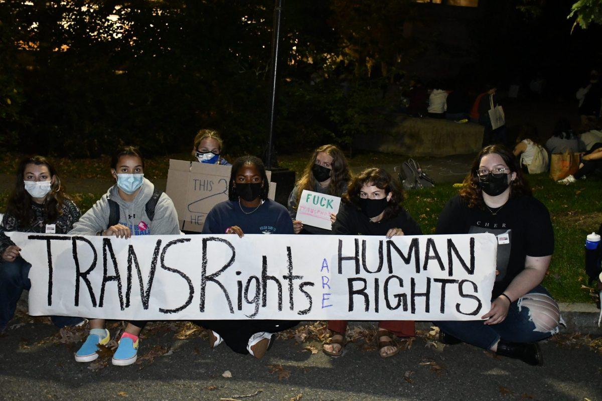 Students protest by the Clapp Library during Kristan Hawkins' speech. Photo courtesy of Hannah Hirsch.