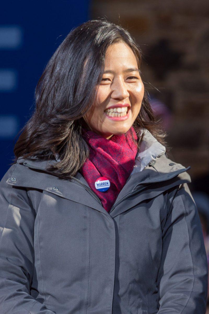 Michelle Wu, Boston City Council Member, wears a button supporting Elizabeth Warren for President. Photo courtesy of Kenneth C. Zirkel, Wikimedia Commons.