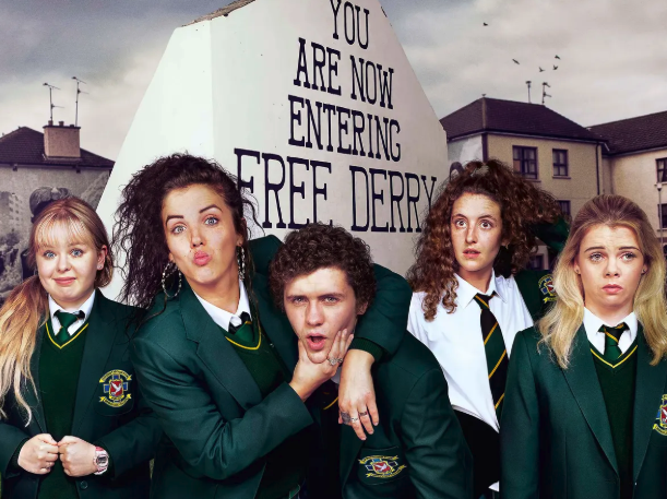 Four bolshy schoolgirls and one confused boy: Clare, Michelle, James, Orla and Erin in Derry Girls. Photo courtesy of Adam Lawrence/Channel 4.