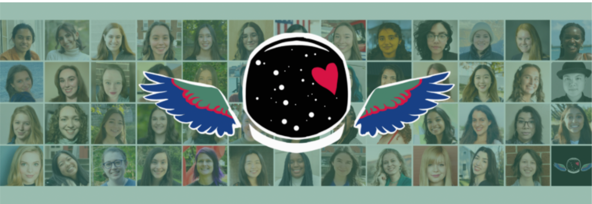 A drawing of an astronaut helmet with wings on either side and a heart on it. The background is headshots of this years Brooke Owens fellowship winners.