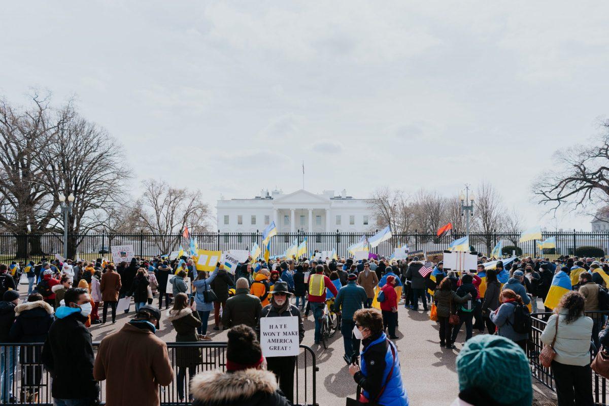 People gather in front of the White House to protest Russia’s invasion of Ukraine. Photo courtesy of Unsplash