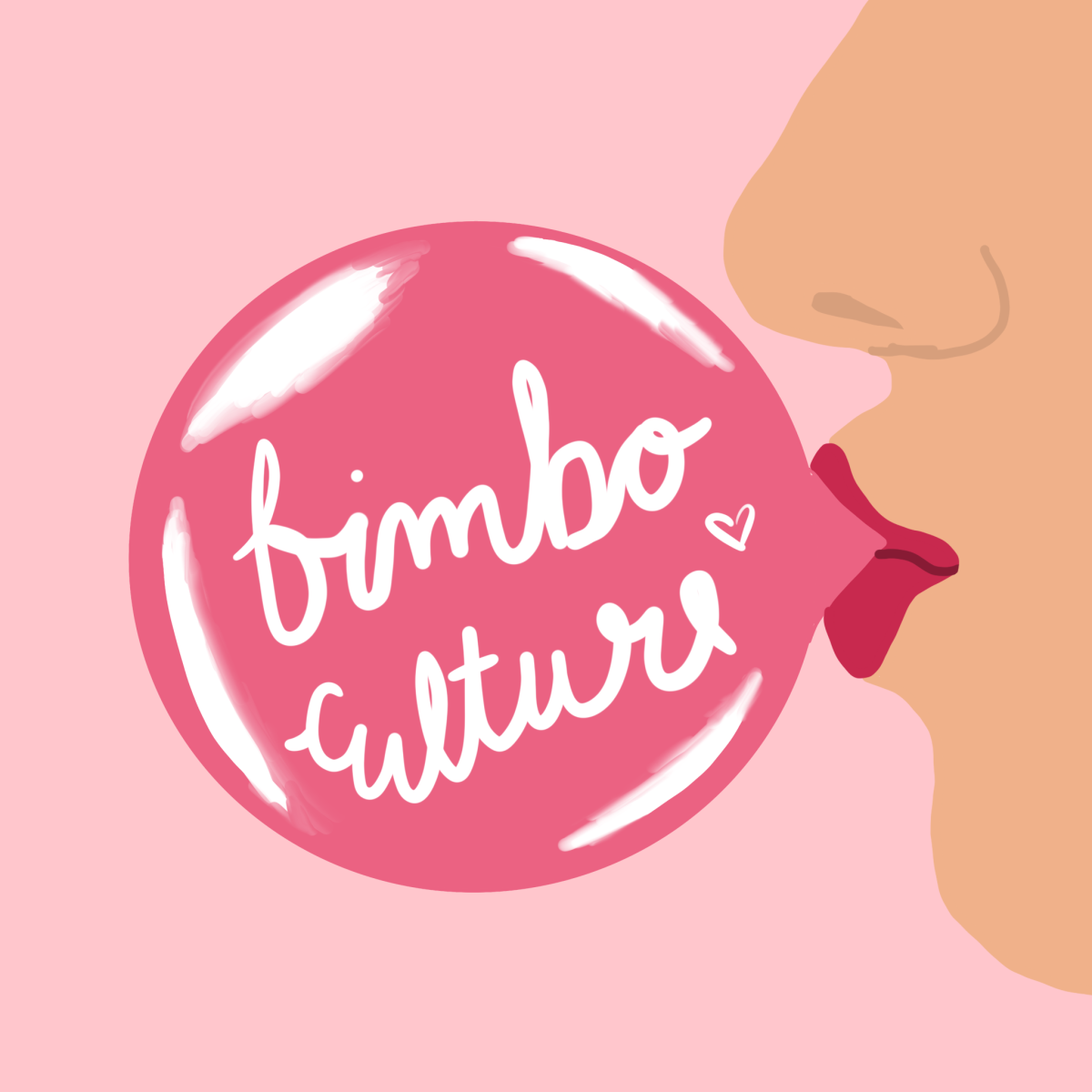 A person is blowing a bubble out of pink bubble gum. The bubble gum has the words "bimbo culture on it"