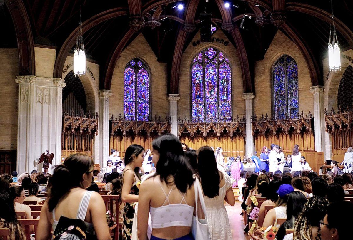 Students gather inside the Chapel for the annual Flower Sunday Community Gathering, featuring music, poetry, and speakers.