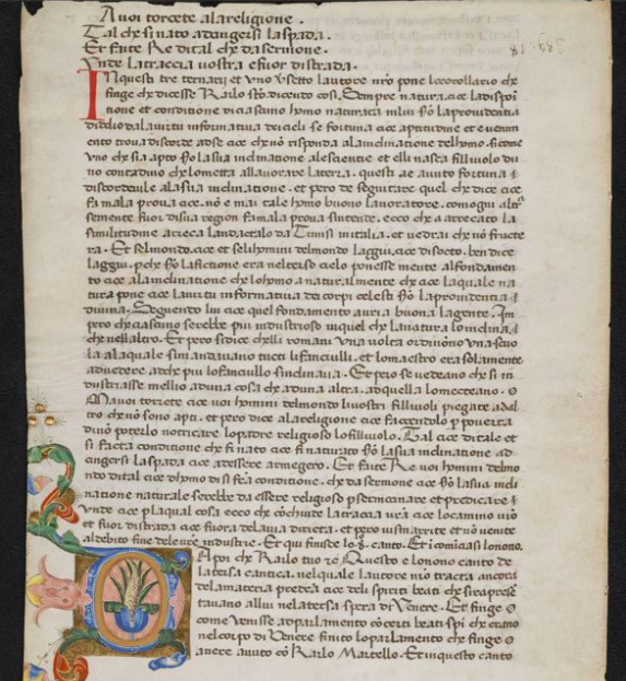 A photo of Dante's Divine Comedy, dated between 1350-1450 housed in Wellesley Special Collections. Photo courtesy of Wellesley College Digital Repository.