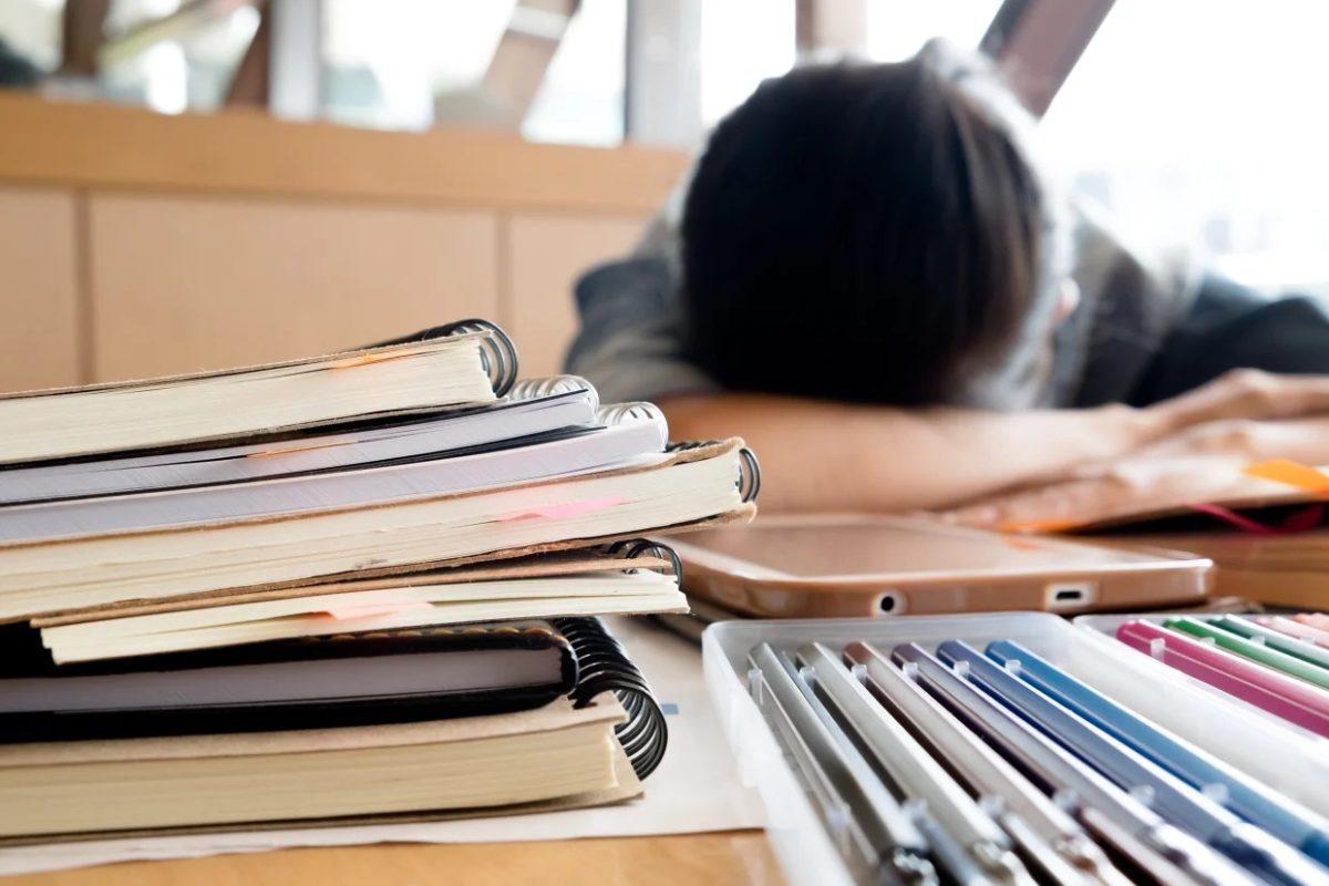 A stressed student falls asleep while studying.