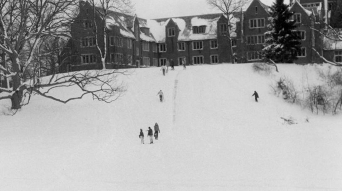 Wellesley students sledding in the winter, 1980s. Image courtesy of Wellesley College Archives.